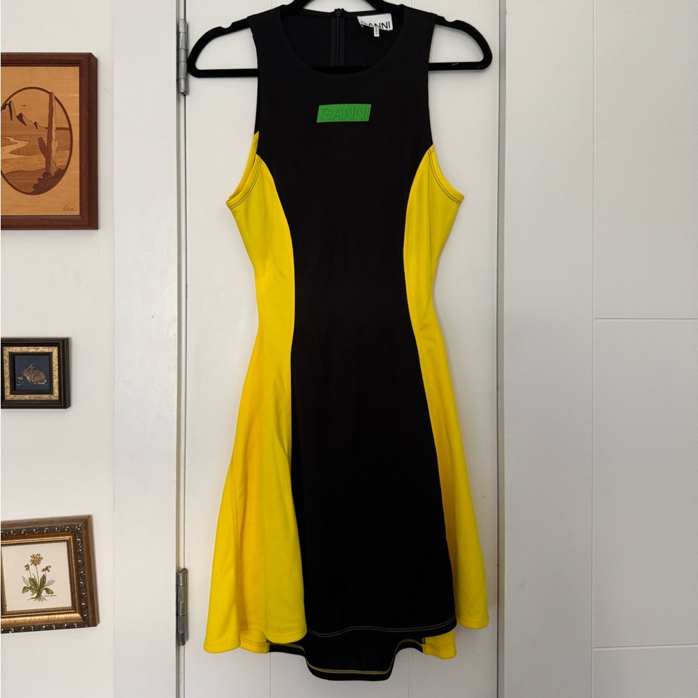 Ganni Black and Yellow Mini Dress